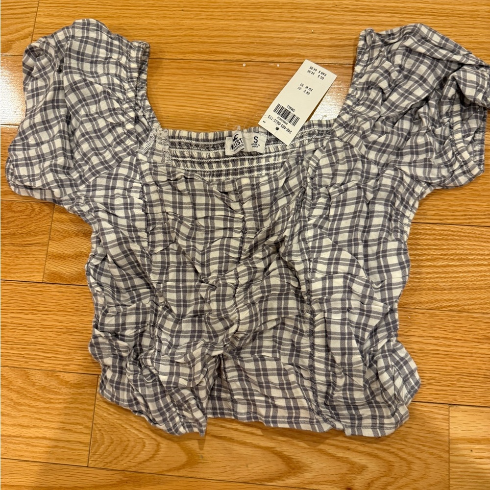 Hollister Blue & White Plaid Smocked Crop Top
